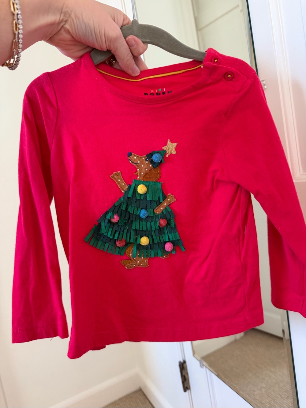 Mini Boden Girls' Hot Pink Long-Sleeve Christmas Tree Appliqué Top, 2-3T